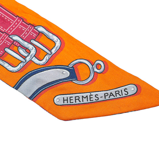 Hermes Orange Multicolor Belt Motif Silk Twilly