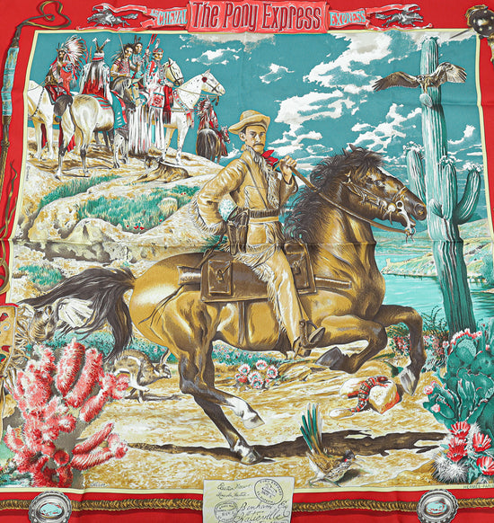 Hermes Rouge Multicolor The Pony Express Print Silk Scarf
