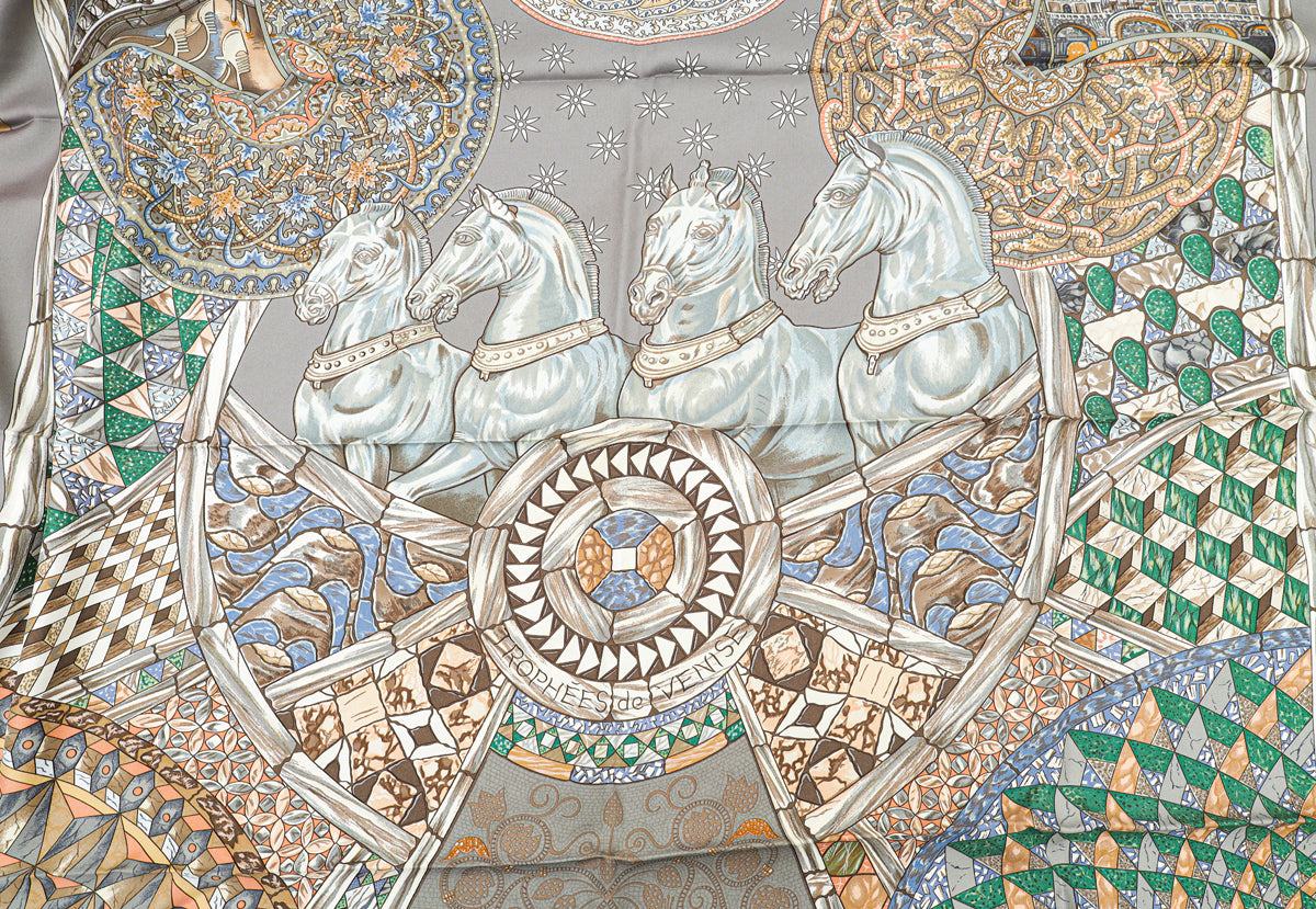 Hermes Grey Multicolor Silk Trophees de Venise Silk Scarf