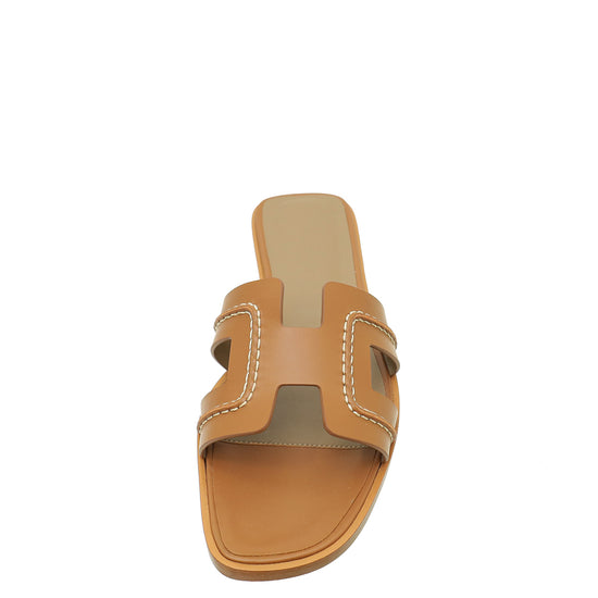 Hermes Gold Oran Stitched Detail Sandal 37