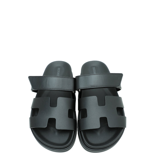 Hermes Noir Chypre Sandals 37