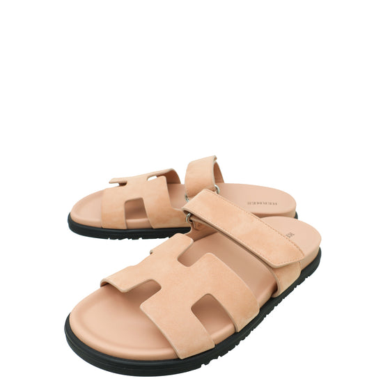 Hermes Rose Porcelaine Goatskin Suede Chypre Sandal 38