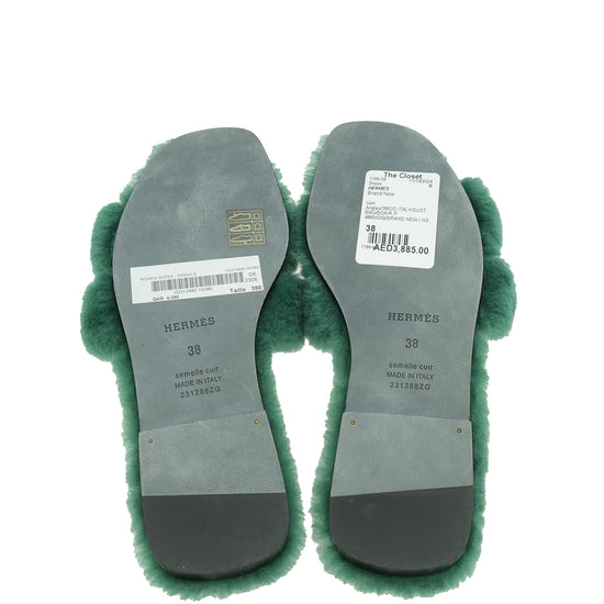 Hermes Vert Anglais Oran Shearling Sandal 38