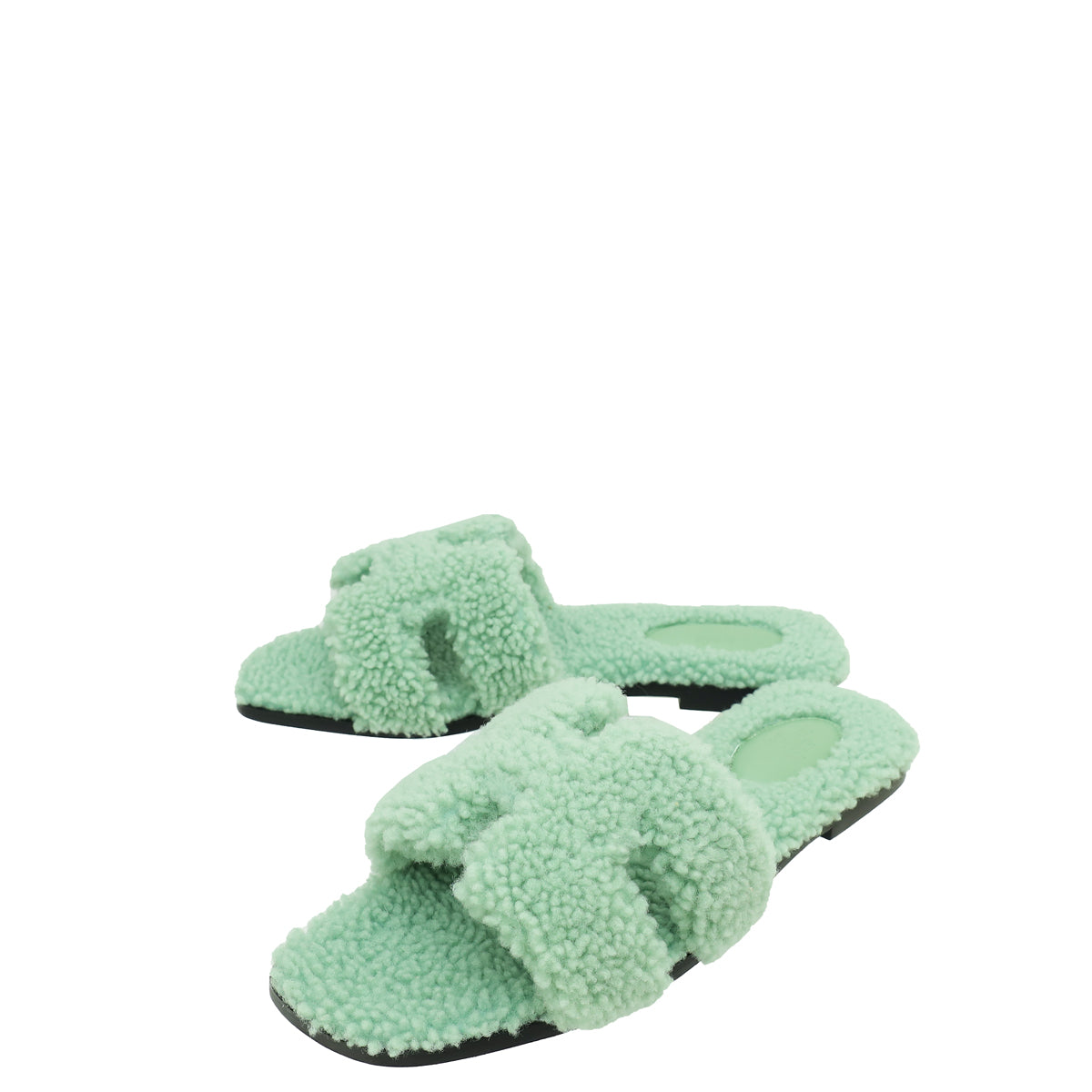 Hermes Vert D'eau Shearling Wool Oran Sandal 39-Hermes-THE CLOSET