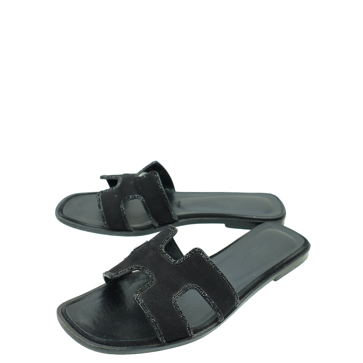 Hermes Noir Oran Suede Goatskin Crystal Sandal 37.5-Hermes-THE CLOSET