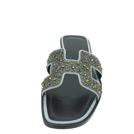 Hermes Gris Oran Crystal Beads Embellished Sandal 37