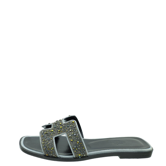 Hermes Gris Oran Crystal Beads Embellished Sandal 37