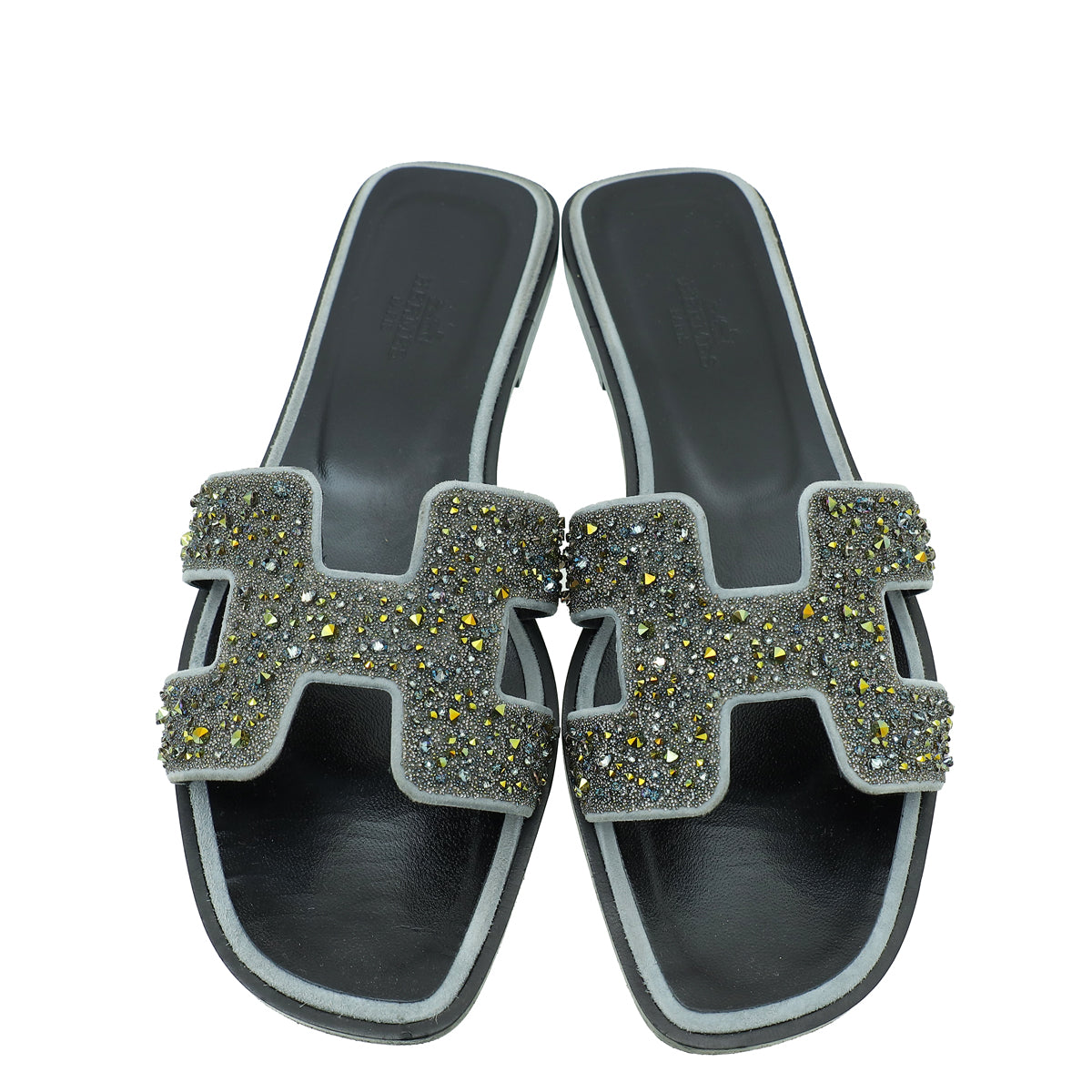 Hermes Gris Oran Crystal Beads Embellished Sandal 37