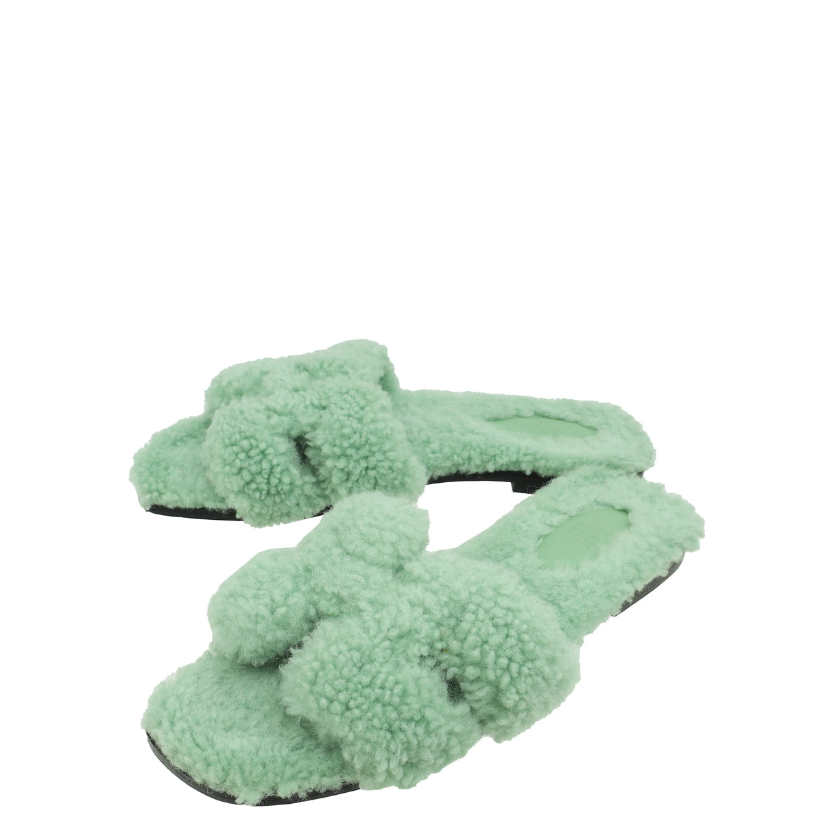Hermes Vert D'Eau Shearling Oran Sandals 39-Hermes-THE CLOSET