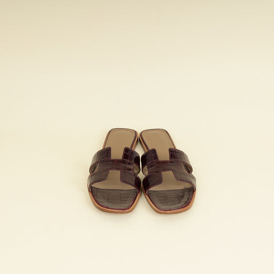 Hermes Bordeaux Shiny Alligator Oran Sandals 39-Hermes-THE CLOSET