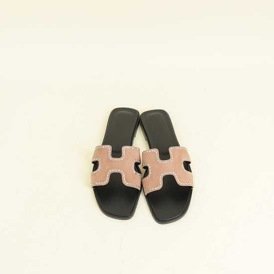 Hermes Rose Perle Oran Crystal Sandals 39