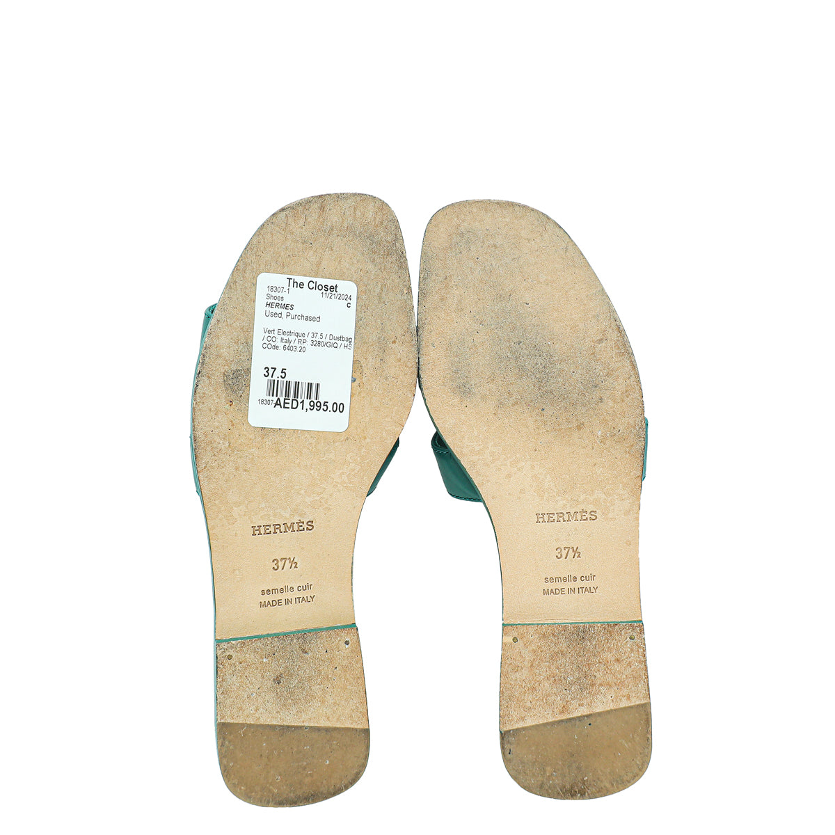 Hermes Vert Electrique Oran Sandals 37.5