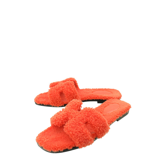 Hermes Orange Shearling Wool Oran Sandal 38