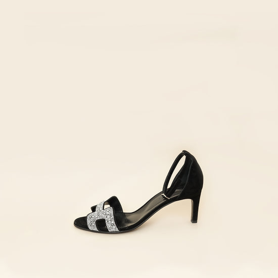 Hermes Noir Premiere 70 Crystal Details Suede Goatskin Sandal 39.5-Hermes-THE CLOSET