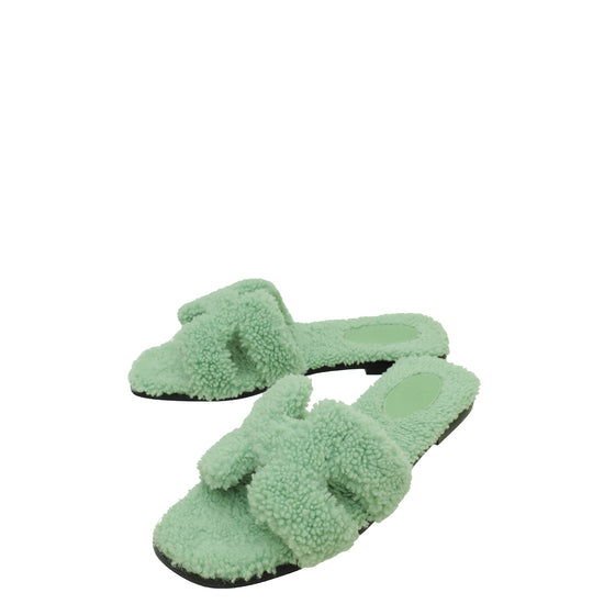 Hermes Vert D'eau Oran Shearling Wool Sandal 39.5
