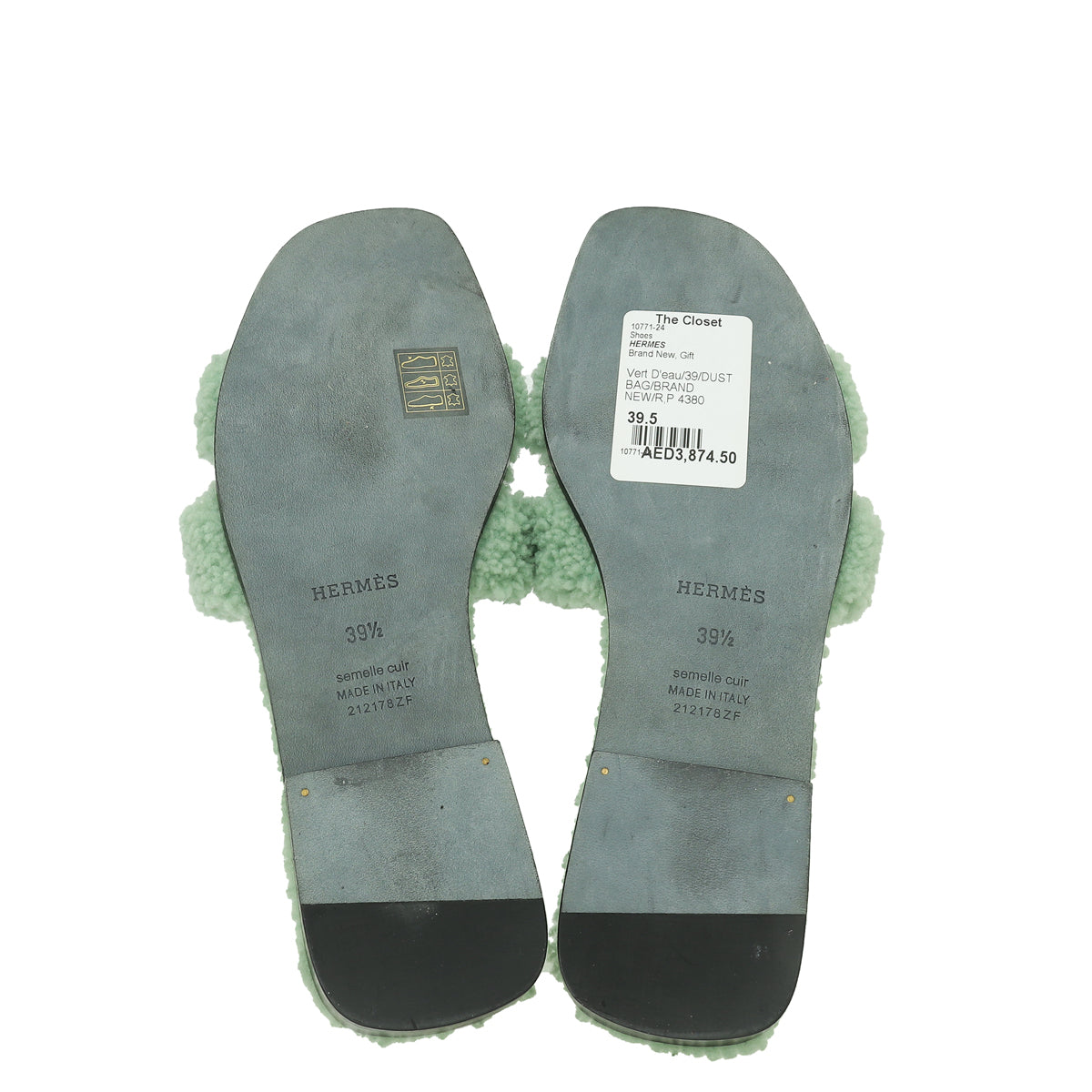 Hermes Vert D'eau Oran Shearling Wool Sandal 39.5
