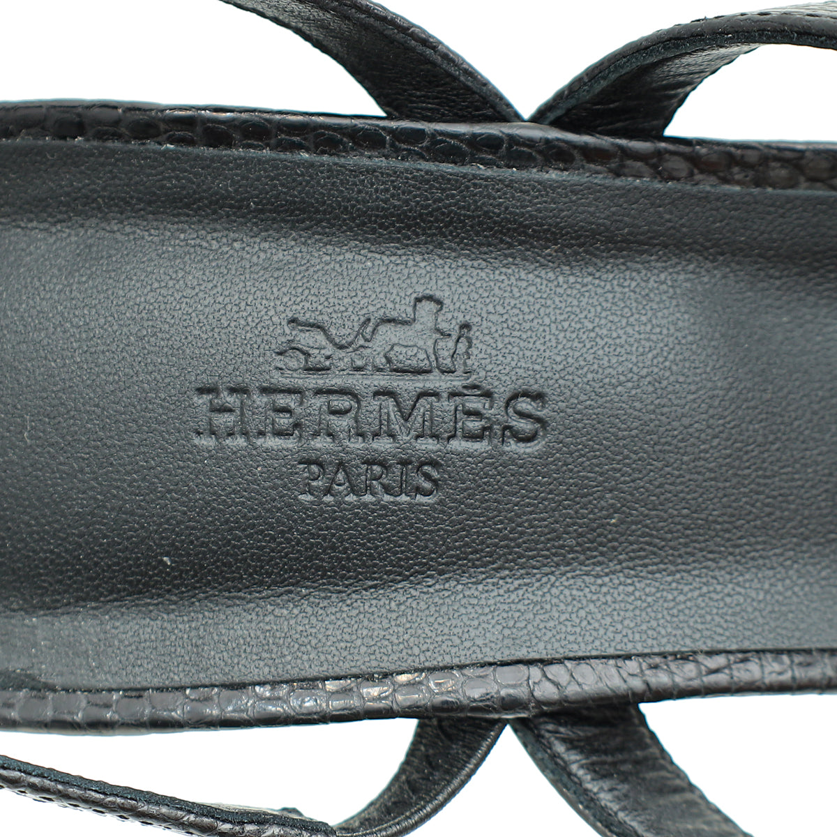 Hermes Noir Lizard Glamour 75 Sandal 40