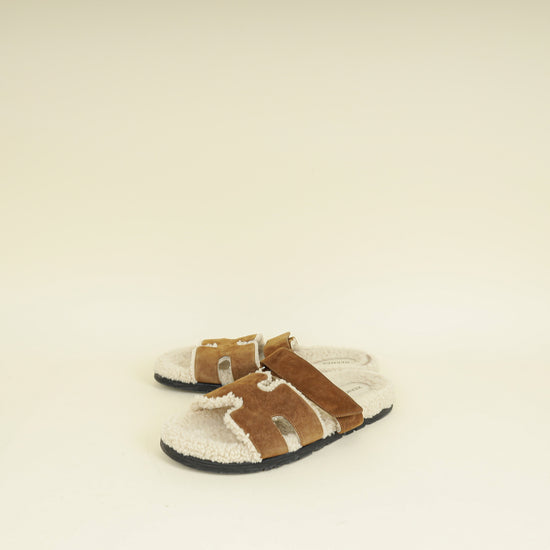 Hermes Naturel Suede Shearling Chypre Sandal 42