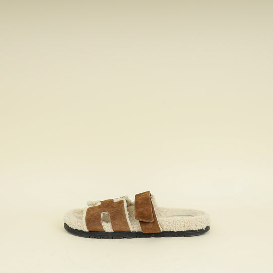 Hermes Naturel Suede Shearling Chypre Sandal 42