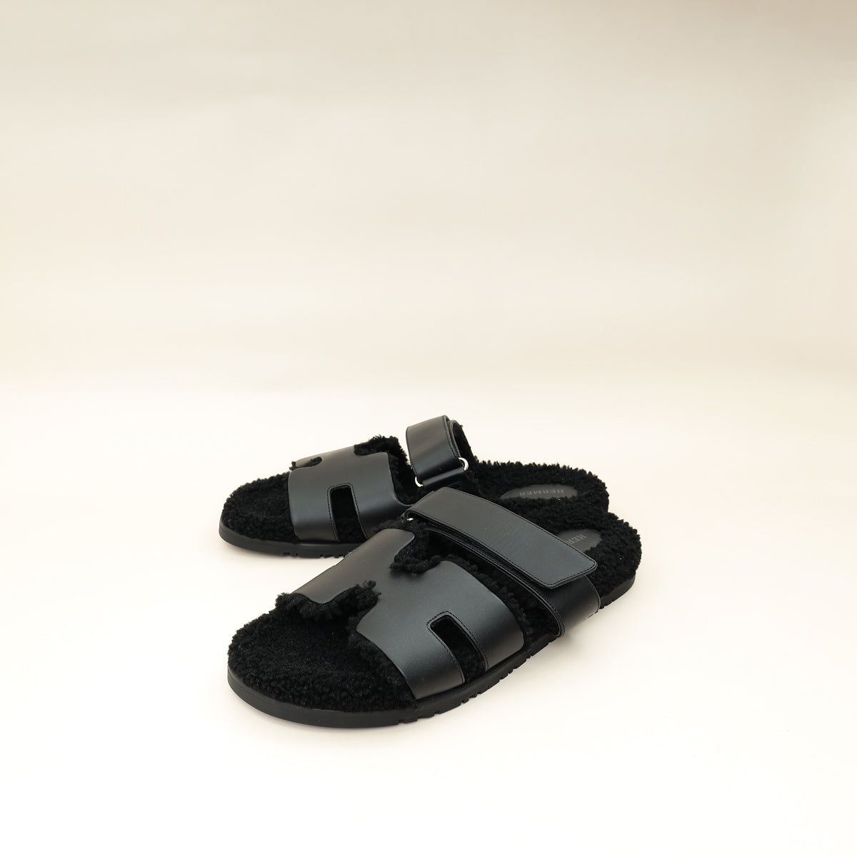 Hermes Noir Chypre With Shearling Sandal 44-Hermes-THE CLOSET