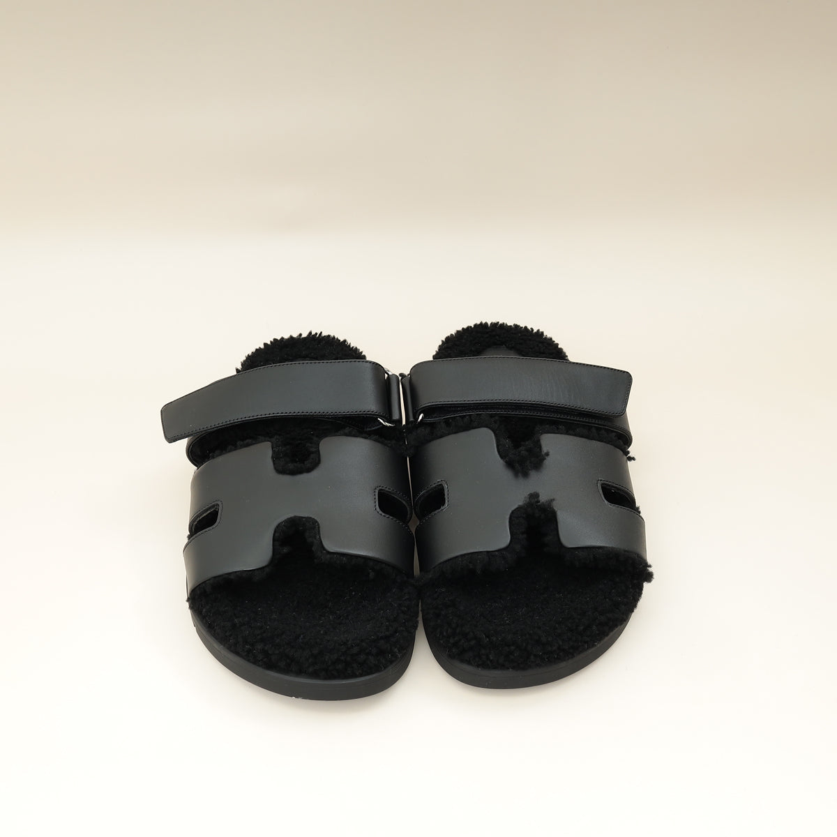 Hermes Noir Chypre With Shearling Sandal 44-Hermes-THE CLOSET