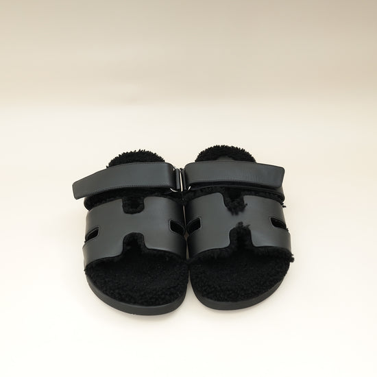 Hermes Noir Chypre With Shearling Sandal 44-Hermes-THE CLOSET