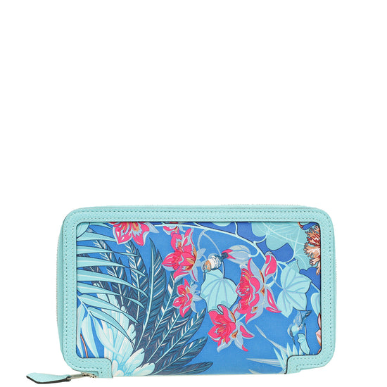 Hermes Bleu Atoll Flamingo Party Soie-Cool Silk Print Azap Zippy Wallet