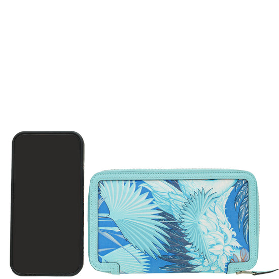 Hermes Bleu Atoll Flamingo Party Soie-Cool Silk Print Azap Zippy Wallet