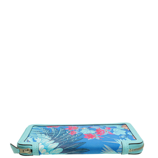 Hermes Bleu Atoll Flamingo Party Soie-Cool Silk Print Azap Zippy Wallet