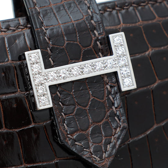 Hermes Havane Shiny Porosus Crocodile Diamond Bearn Wallet