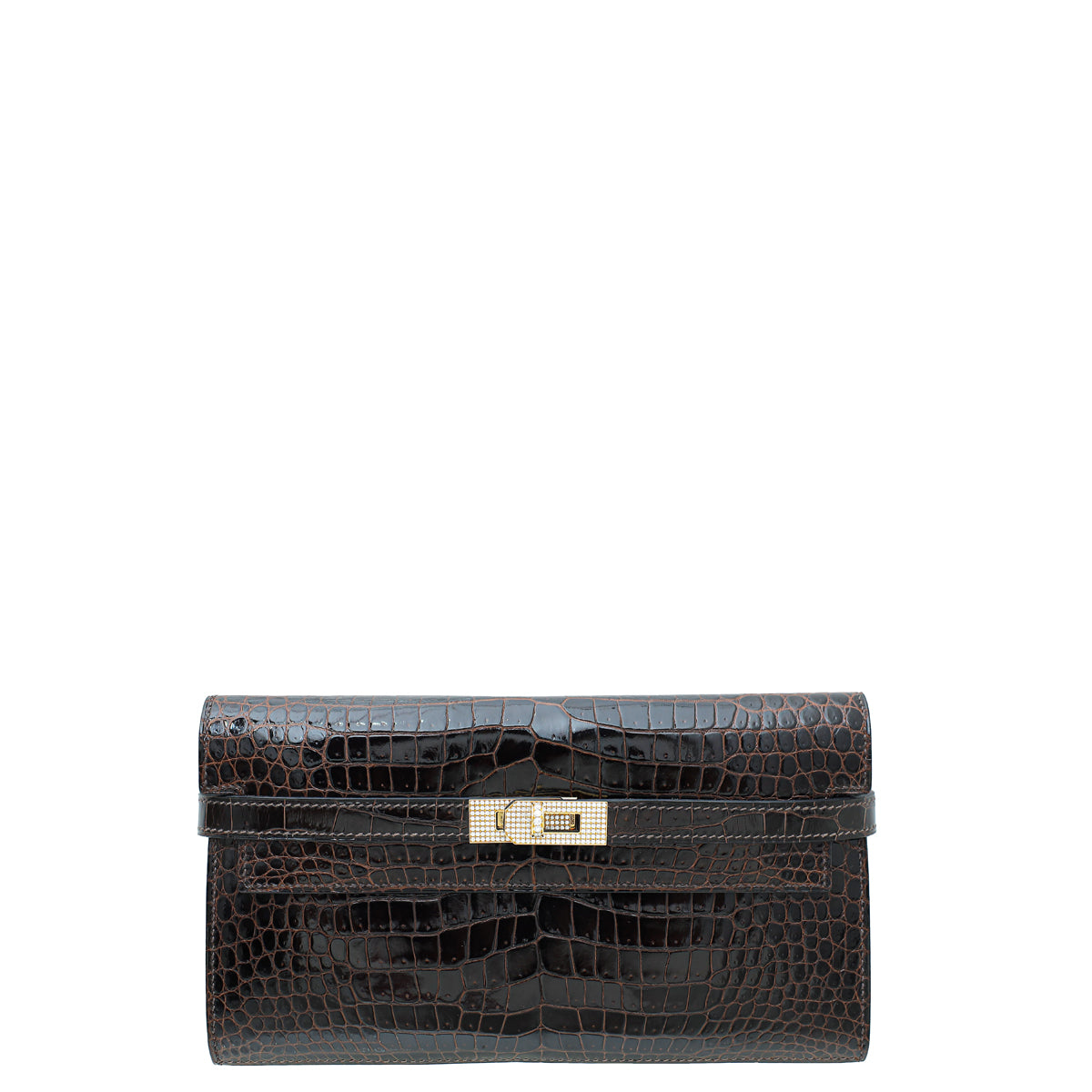 Hermes Havane Crocodile Porosus Diamond Kelly Classic 18K Gold Wallet-Hermes-THE CLOSET
