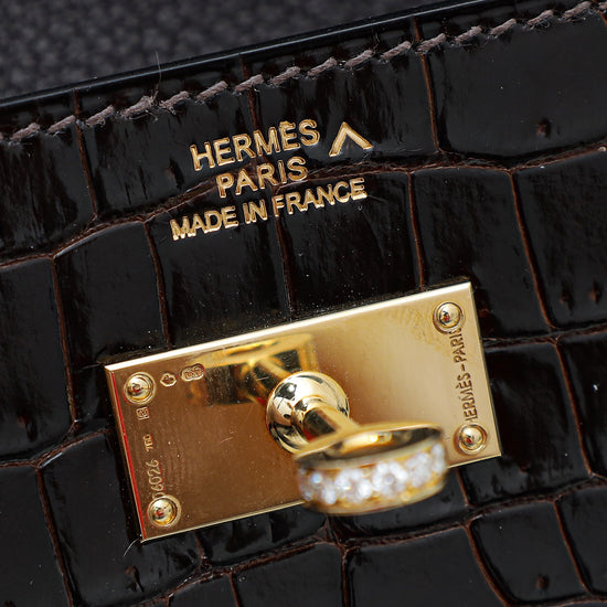 Hermes Havane Crocodile Porosus Diamond Kelly Classic 18K Gold Wallet