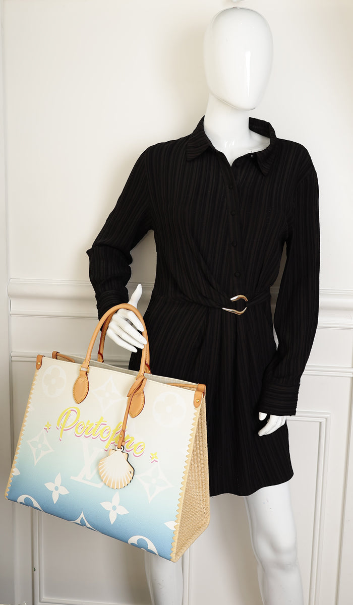 Louis Vuitton Blue By The Pool Onthego GM Portofino Print Raffia Bag