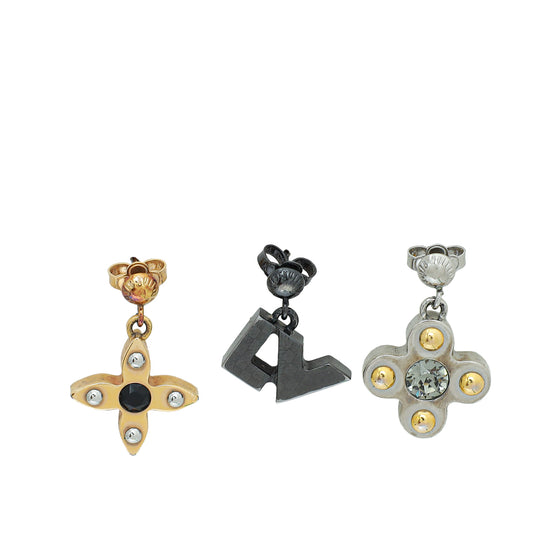 Load image into Gallery viewer, Louis Vuitton Tricolor Metal Swarovski Crystal Love Letters Earrings GM Set
