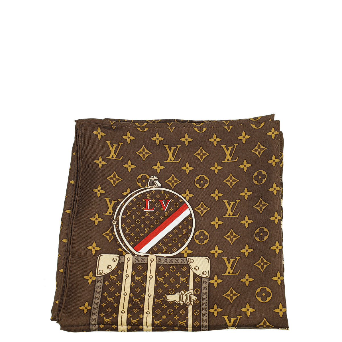 Louis Vuitton Brown Monogram Trunks Print Square Scarf-Louis Vuitton-THE CLOSET