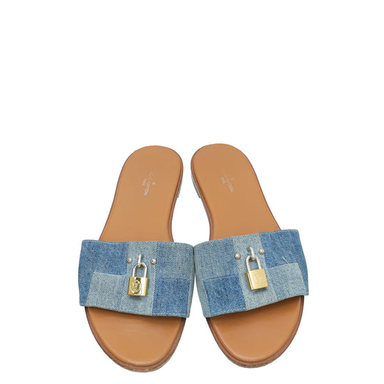 Louis Vuitton Blue Denim Lock It Flat Mule 37.5