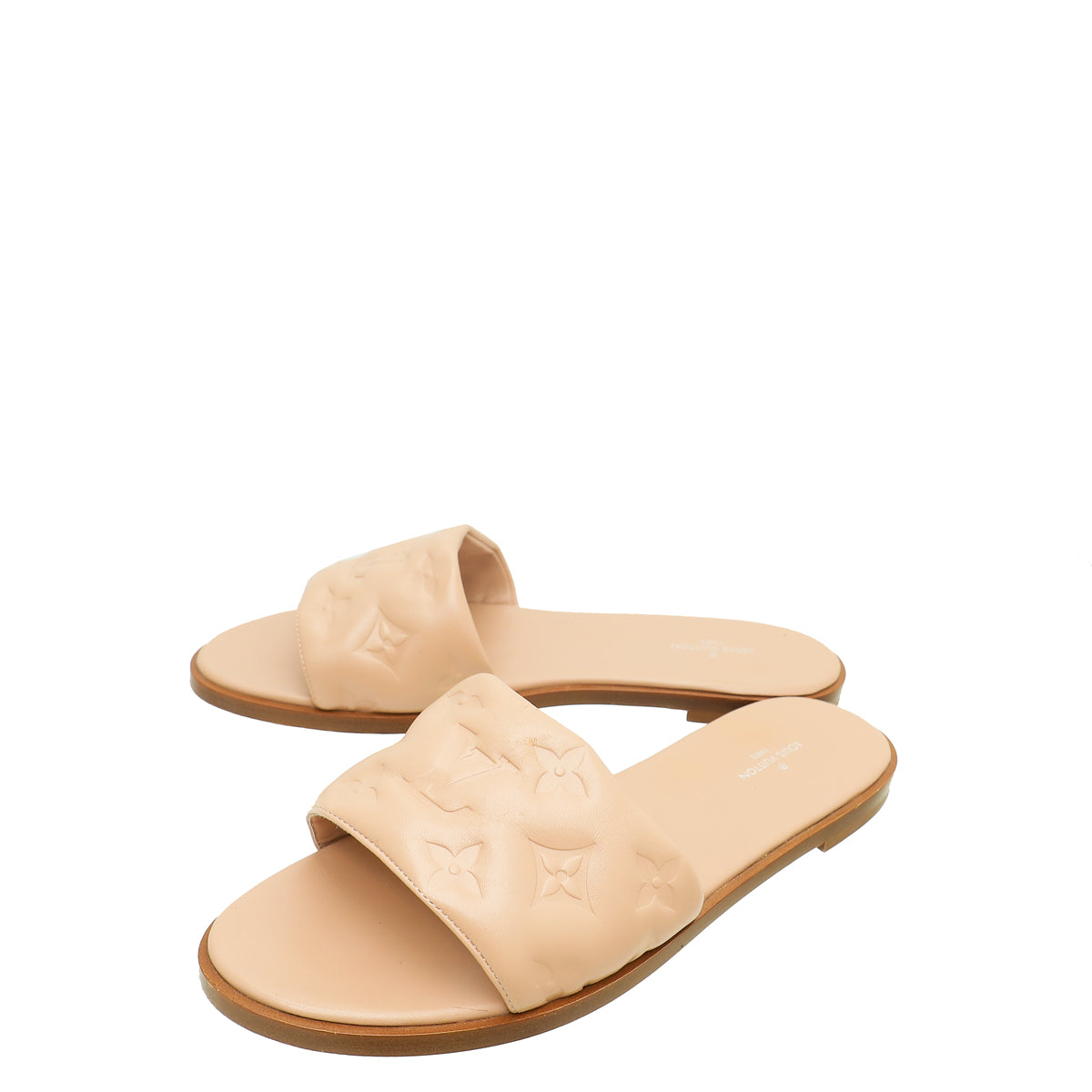 Louis Vuitton Nude Pink Monogram Embossed Revival Flat Mules 37-Louis Vuitton-THE CLOSET