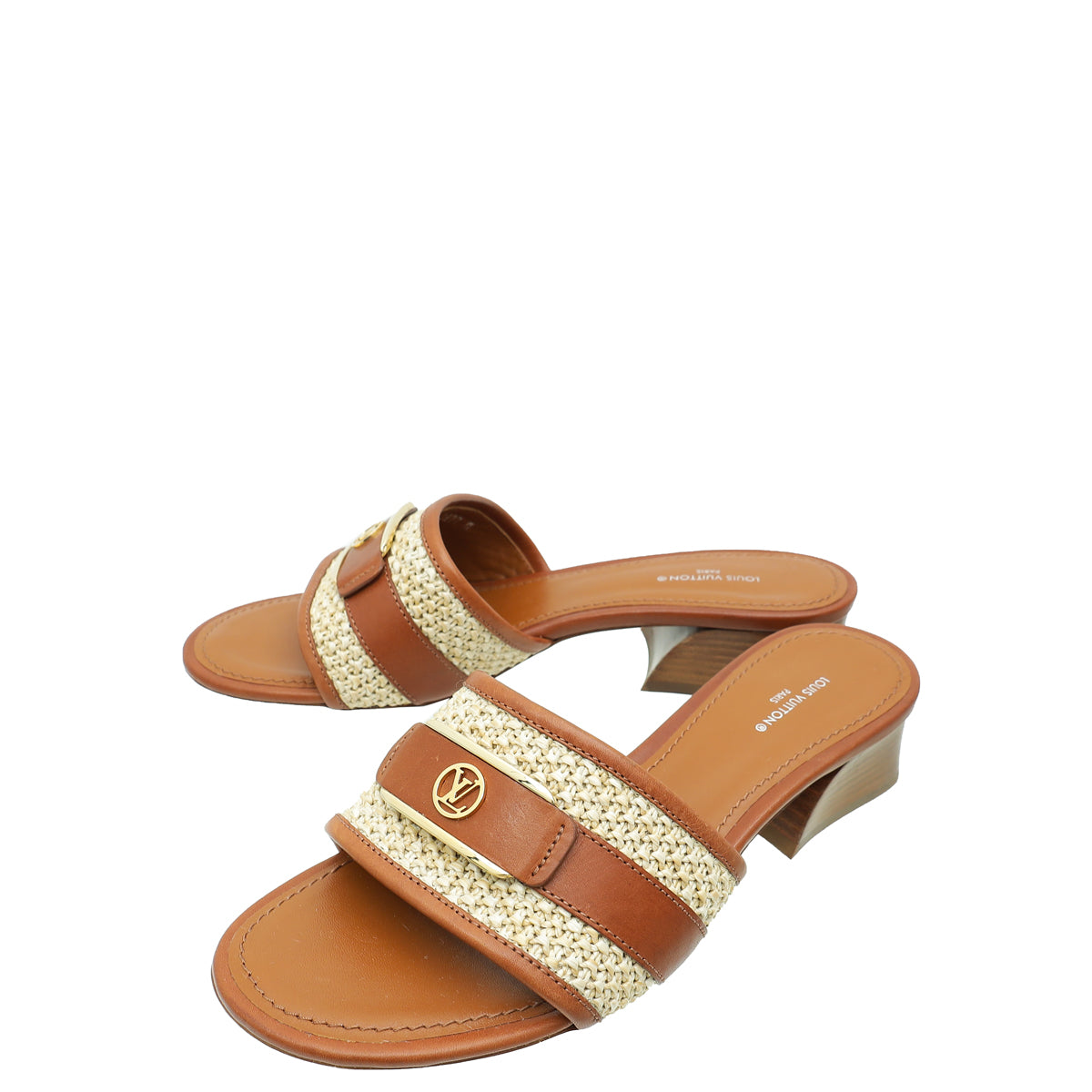 Louis Vuitton Cognac Brown Raffia Calfskin Lock It Heeled Mules 38-Louis Vuitton-THE CLOSET