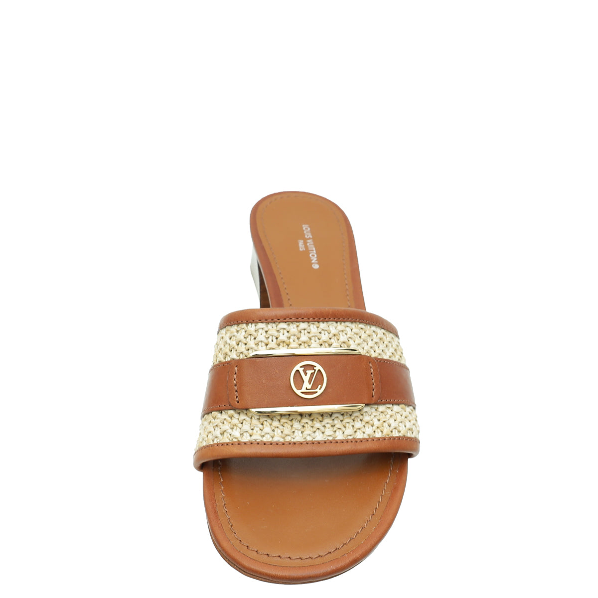 Louis Vuitton Cognac Brown Raffia Calfskin Lock It Heeled Mules 38-Louis Vuitton-THE CLOSET
