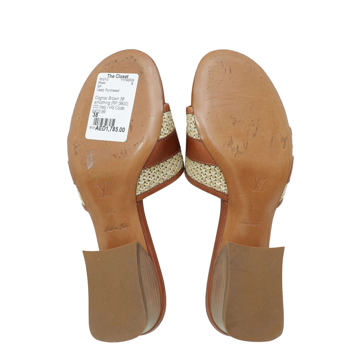 Louis Vuitton Cognac Brown Raffia Calfskin Lock It Heeled Mules 38