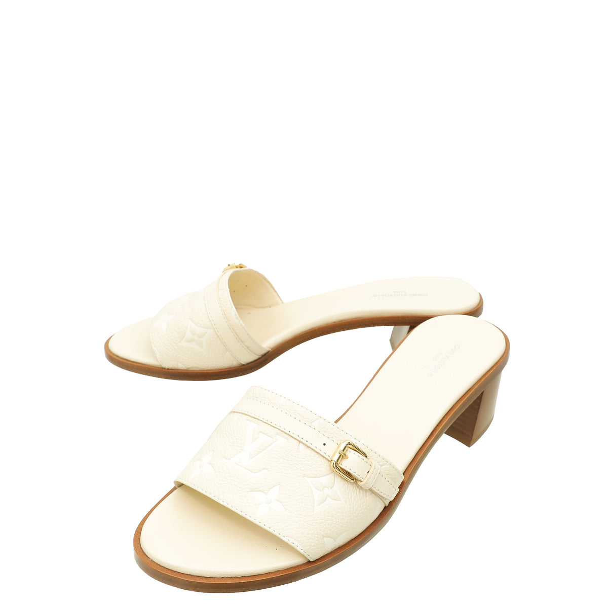 Louis Vuitton Cream Nude Monogram Empreinte Lockit Mules 39-Louis Vuitton-THE CLOSET