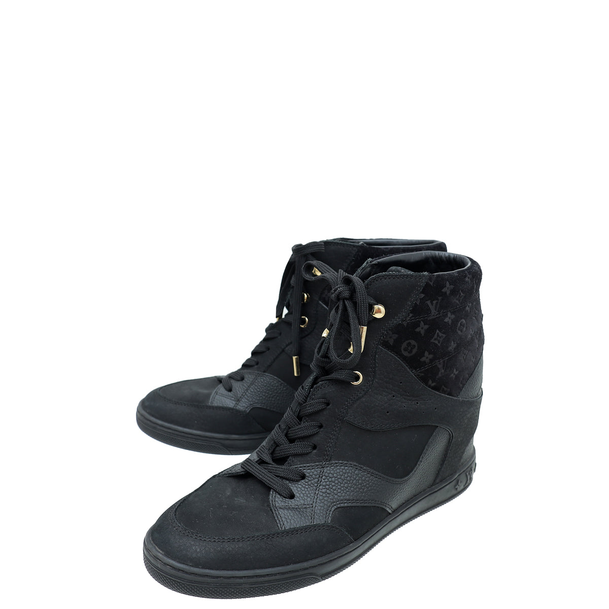 Monogram Cliff Louis Vuitton Black Suede Monogram Cliff Top Wedge Sneakers 39 – THE CLOSET