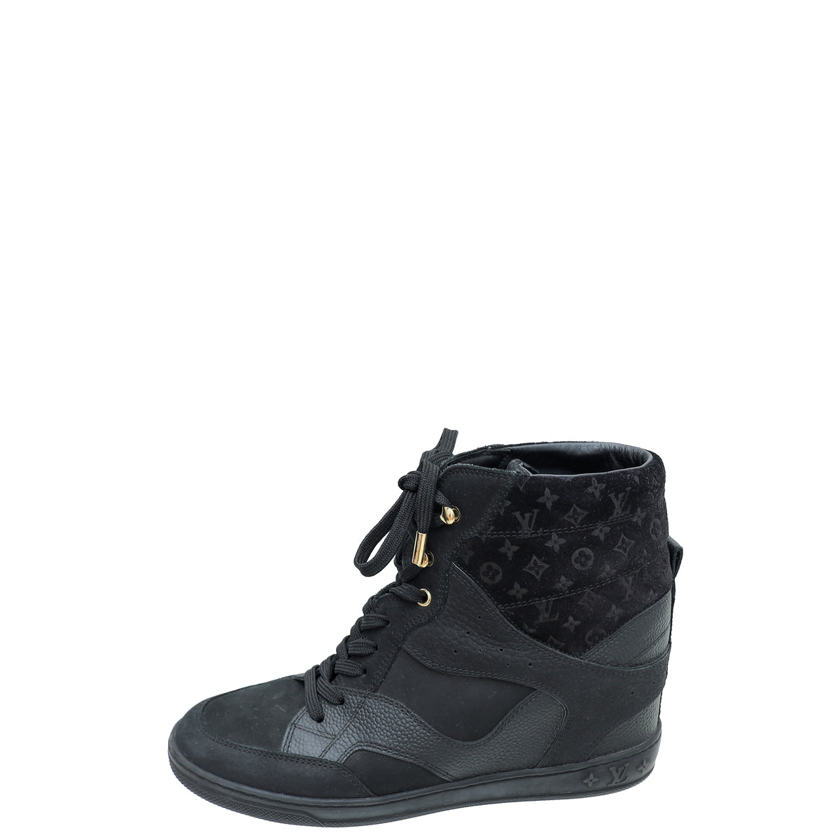 LOUIS VUITTON Calfskin Suede Monogram Cliff Top Wedge Sneakers 39.5 Black  319507
