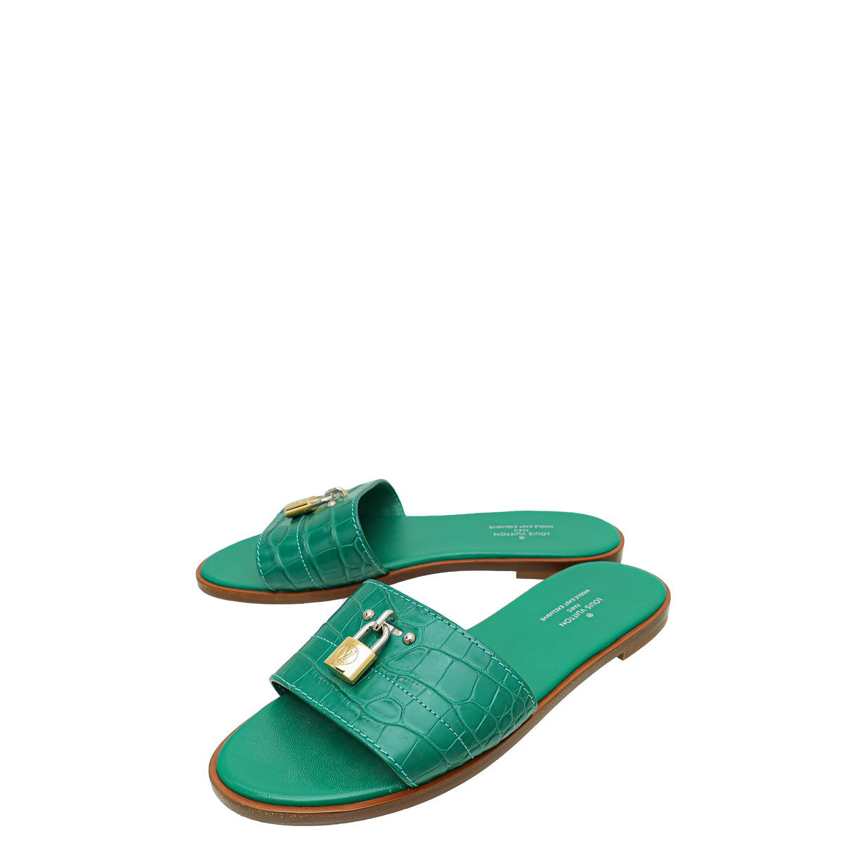 Louis Vuitton Green Crocodile Lock It Flat Mules 37-Louis Vuitton-THE CLOSET