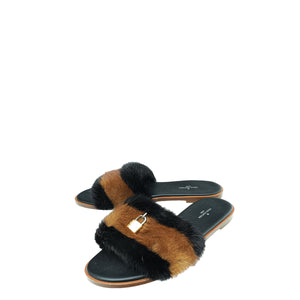 Louis Vuitton Bicolor Lock It Mink Fur Flat Sandal 39