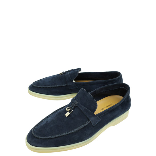 Loro Piana True Dark Blue Suede Summer Charms Walk Loafers 40