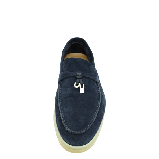 Loro Piana True Dark Blue Suede Summer Charms Walk Loafers 40