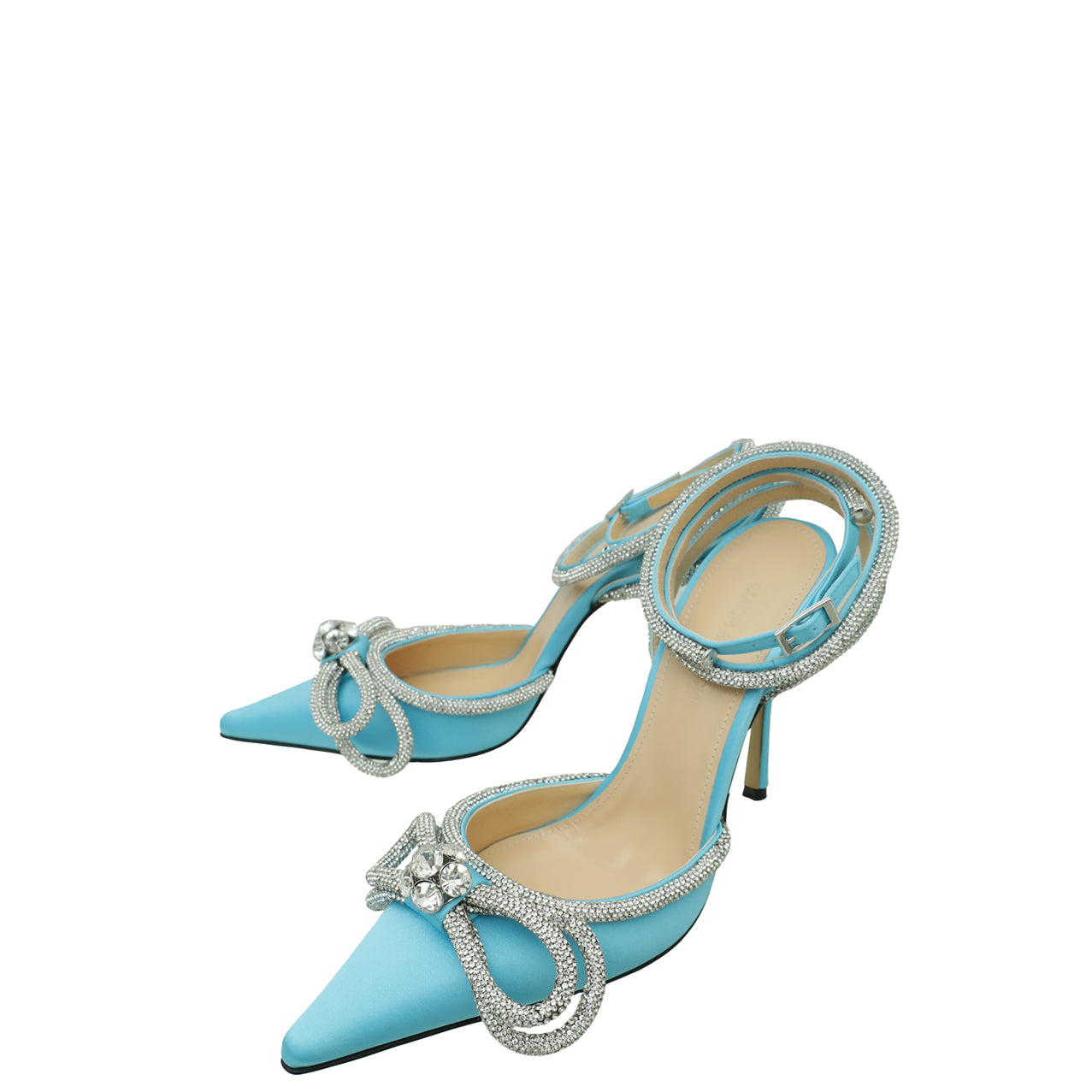 Mach & Mach Ocean Blue Satin Crystal Bow 110 Pumps 37.5