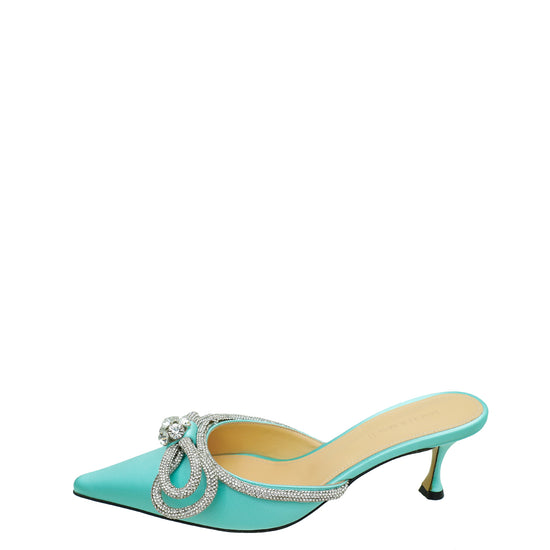 Mach & Mach Mint Green Satin Double Bow Crystal Mules 40