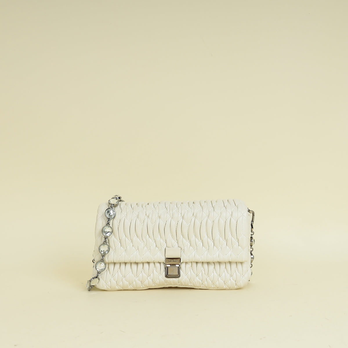 Miu Miu White Nappa Matelasse Crystal Shoulder Bag